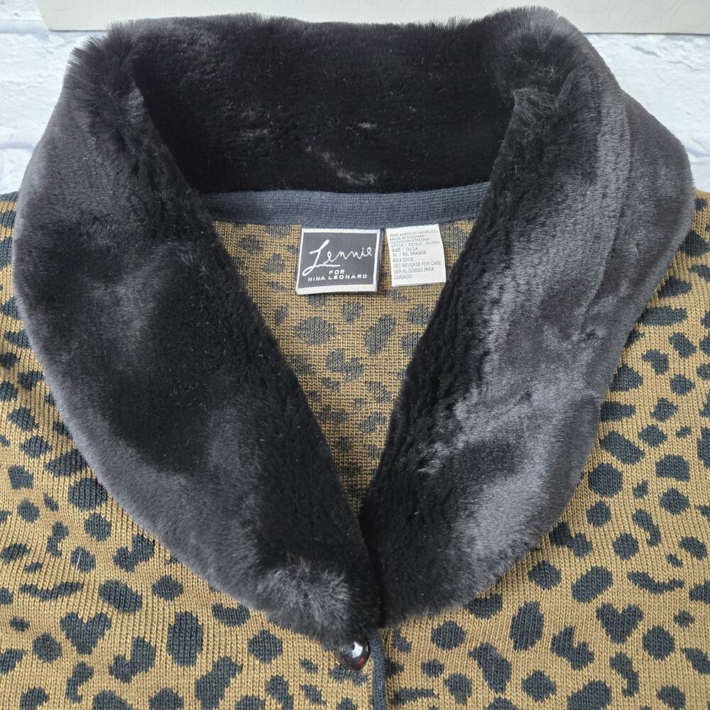 VTG Lennie for Nina Leonard Cardigan Sweater Mob Wife Leopard Faux Fur Collar XL - Picture 8 of 16